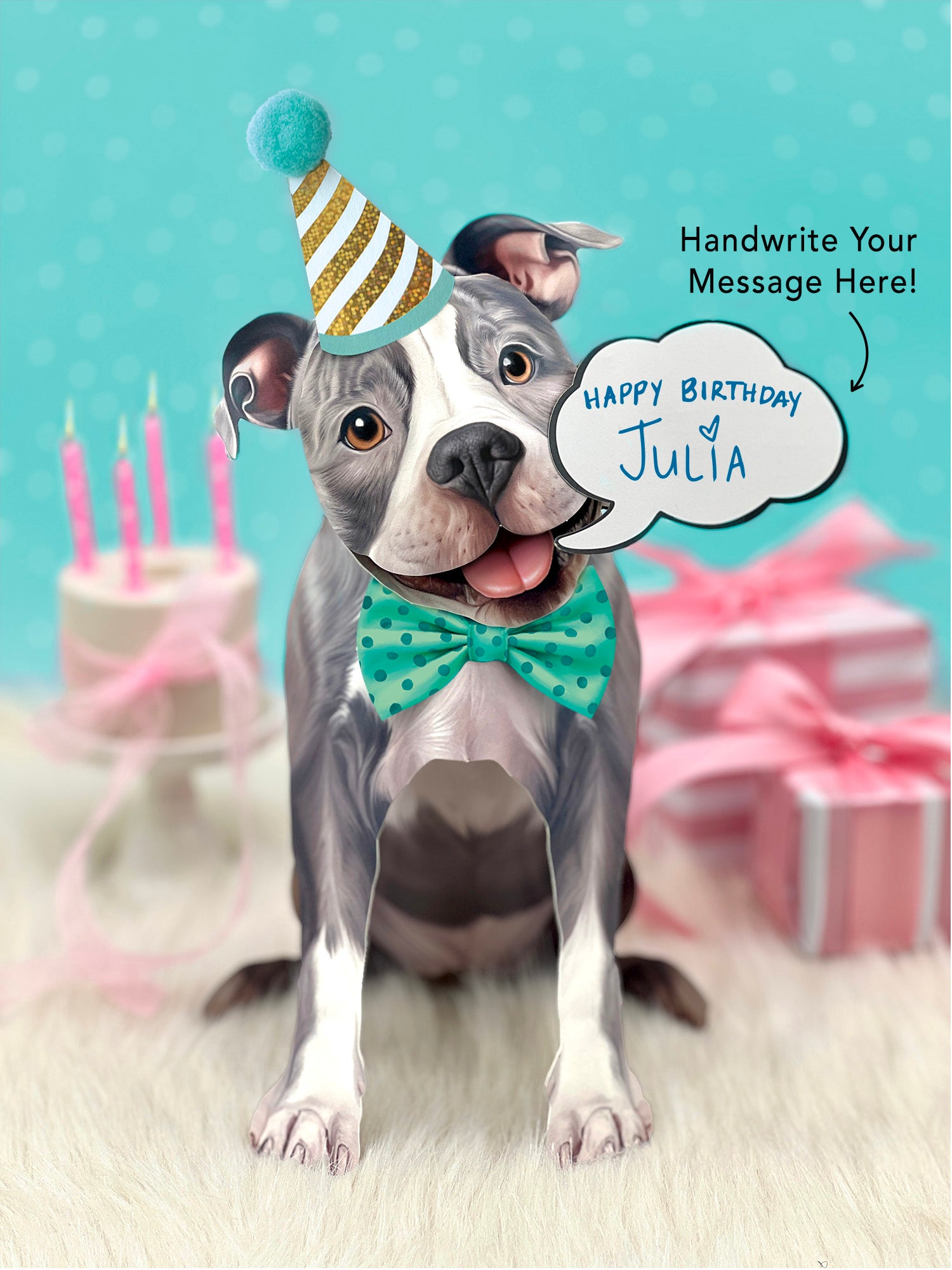 Gray Pit Bull Pop-Up Pup with birthday accessories